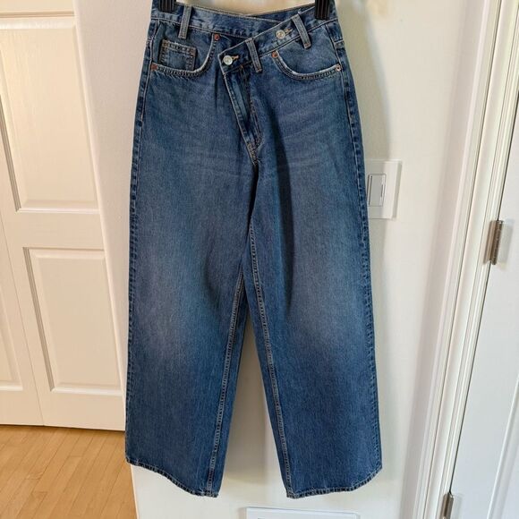 Zara The High Waist Crossover Waist Wide Leg Full Length Jeans 4 - Picture 8 of 16